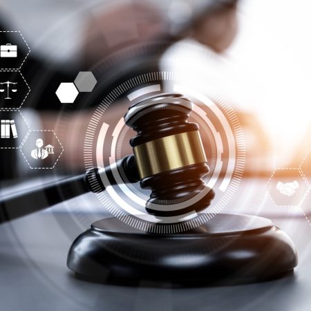 Smart law, legal advice icons and lawyer working tools in the lawyers office showing concept of digital law and online technology of astute law and regulations .